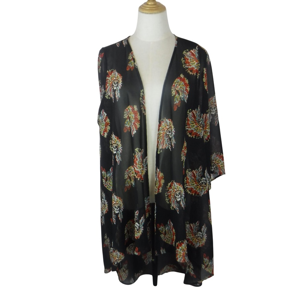 Giddy Up Glamour Skull Headdress Kimono Cardigan Black High Low Sheer XL 1410